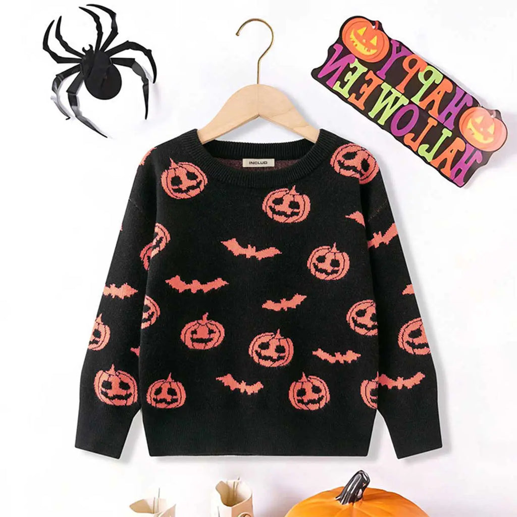 Girls Black Self-Design Halloween Theme Sweater Sweaters & Cardigans Black 3-4 Y