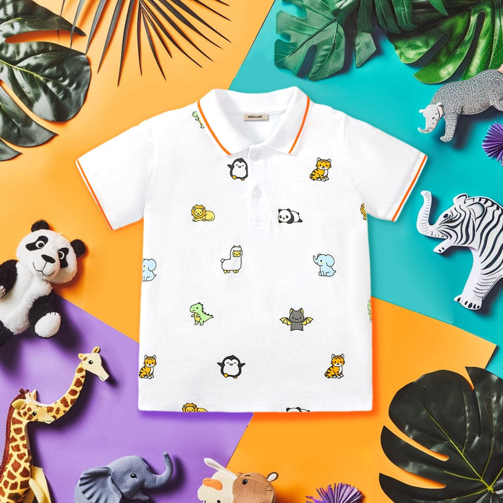 Boys Short Sleeve Cartoon Graphic Polo T-Shirt Tshirts White 1-2 Y 