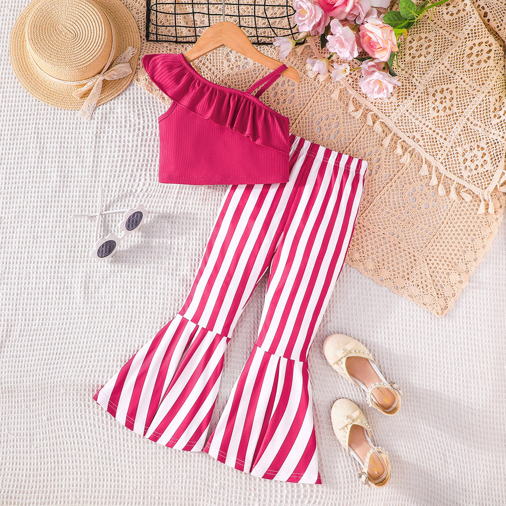 Girls Dark Pink One Shoulder Crop Top With Striped flared Pants Set 2 pc. Sets Dark Pink 3-4 Y