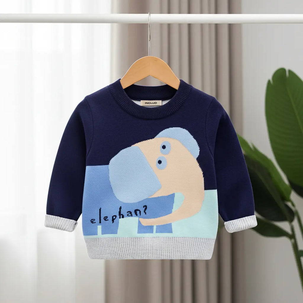 Boys Navy Blue Self-Design Elephant Pattern Knitted Sweater Sweaters & Cardigans Navy Blue 1-2 Y