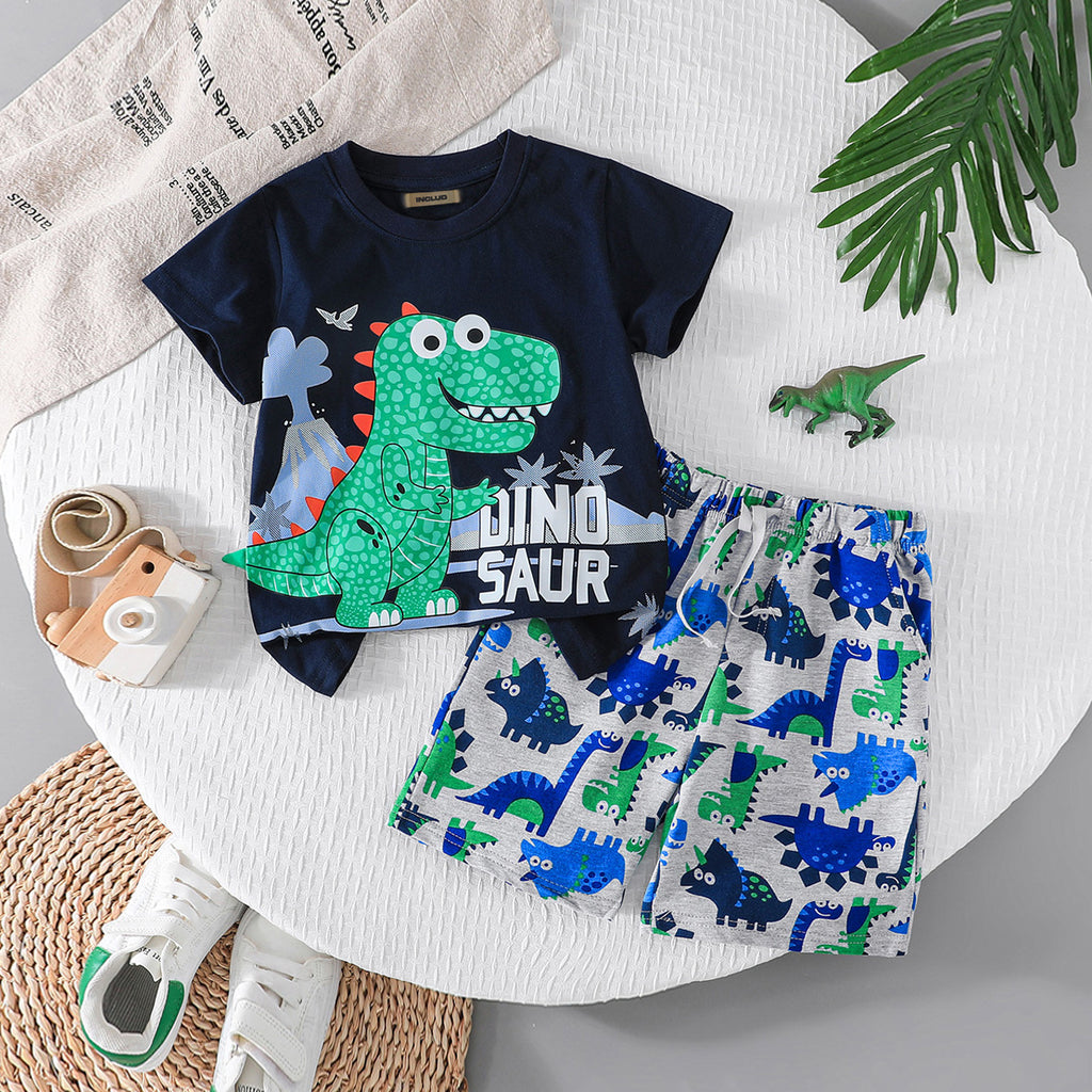 Boys Navy Blue Dinosaur Printed T-Shirt With Shorts Set 2 pc. Sets Navy Blue 1-2 Y