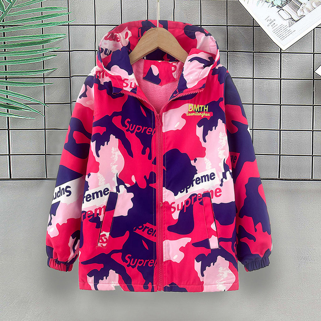 Girls Fuchsia Abstract Printed Hooded Zipper Jacket Coats & Jackets Fuchsia 3-4 Y