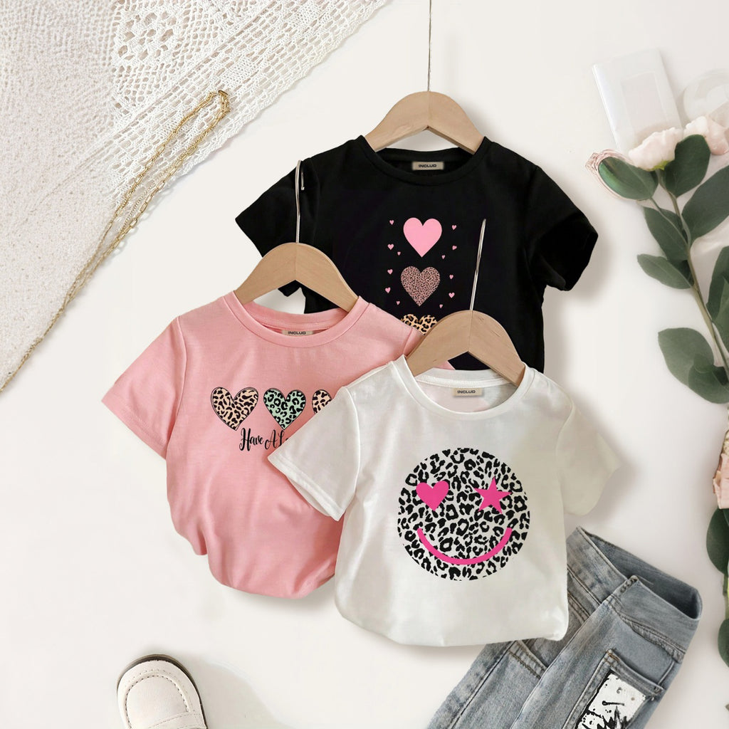 Girls Multicolored Short Sleeve T-shirt Multipack Set - Set of 3 Tshirts Multicolor 3-4 Y