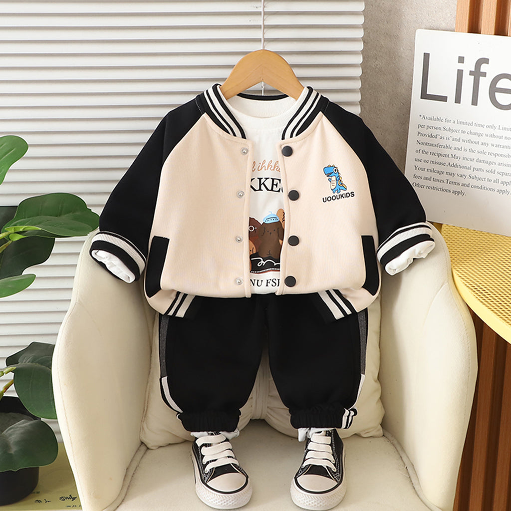 Boys Black Solid Varsity Jacket With Printed T-Shirt & Joggers Set Sets Black 1-2 Y