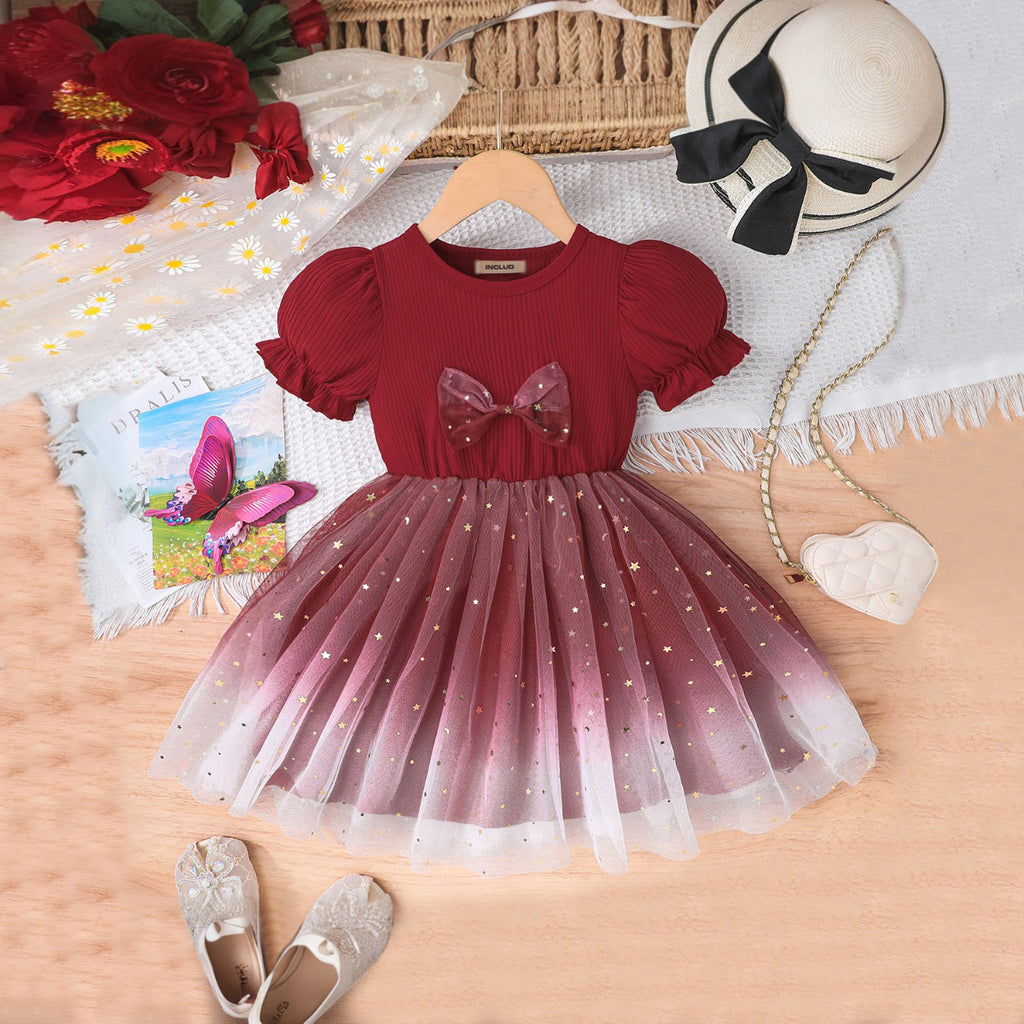 Girls Maroon Star Printed Puff Sleeves Fit And Flared Dress With Bow Casual Dresses Maroon 3-4 Y