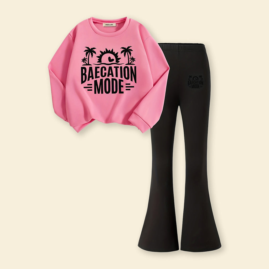 Girls Pink Typographic Printed Sweatshirt With Flared Pants Sets 2 pc. Sets Pink 7-8 Y