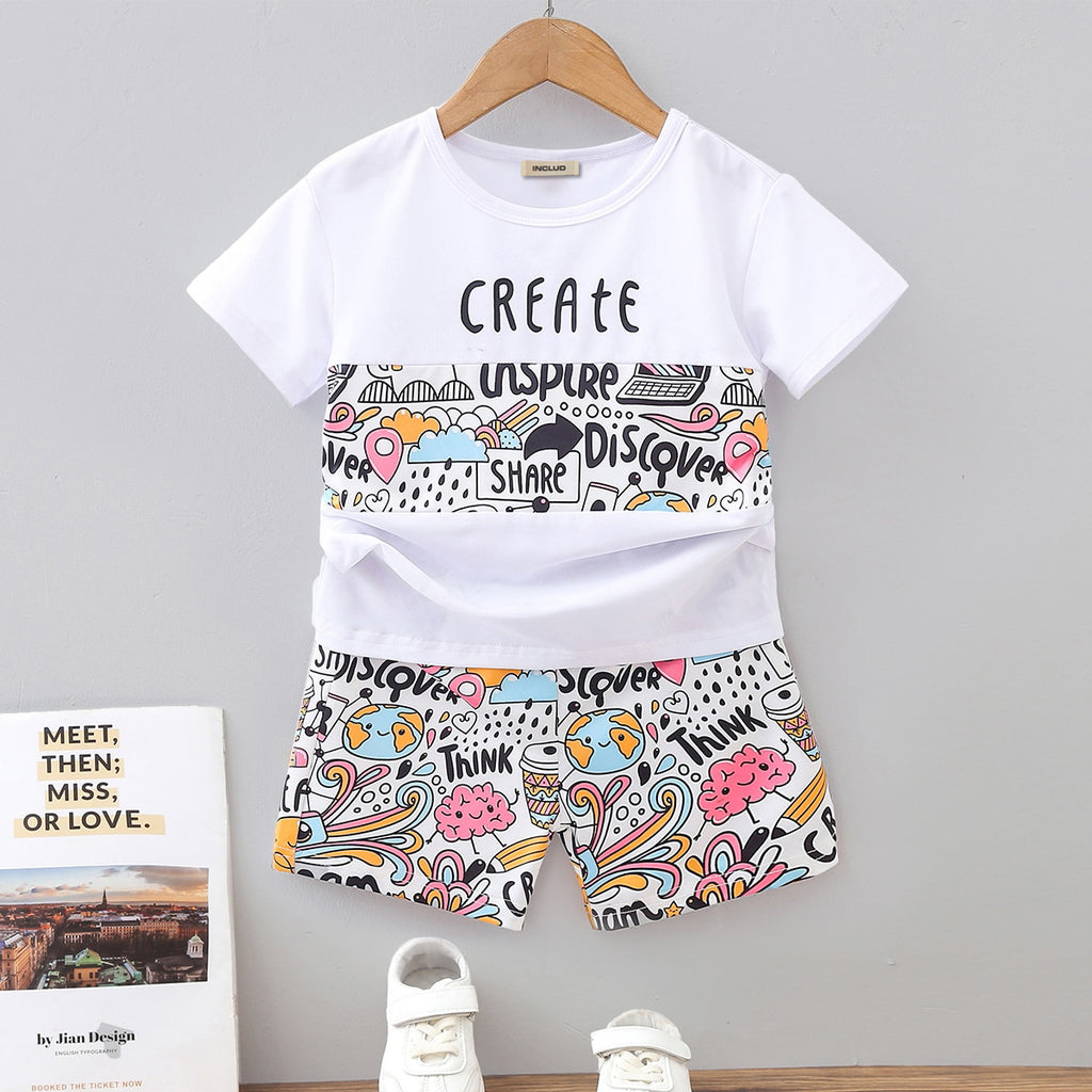 Boys White Short Sleeves Abstract Printed T-Shirt With Shorts Set 2 pc. Sets White 1-2 Y