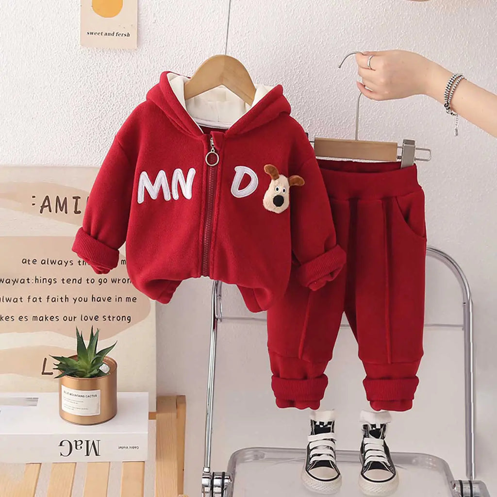 Boys Red Letters Embroidered Fleece Hooded Zipper Jacket With Jogger Co-ord Sets Sets Red 1-2 Y