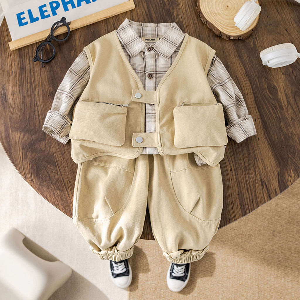 Boys Khaki Reporter Jacket With Checked Shirt & Joggers Set Sets Khaki 1-2 Y