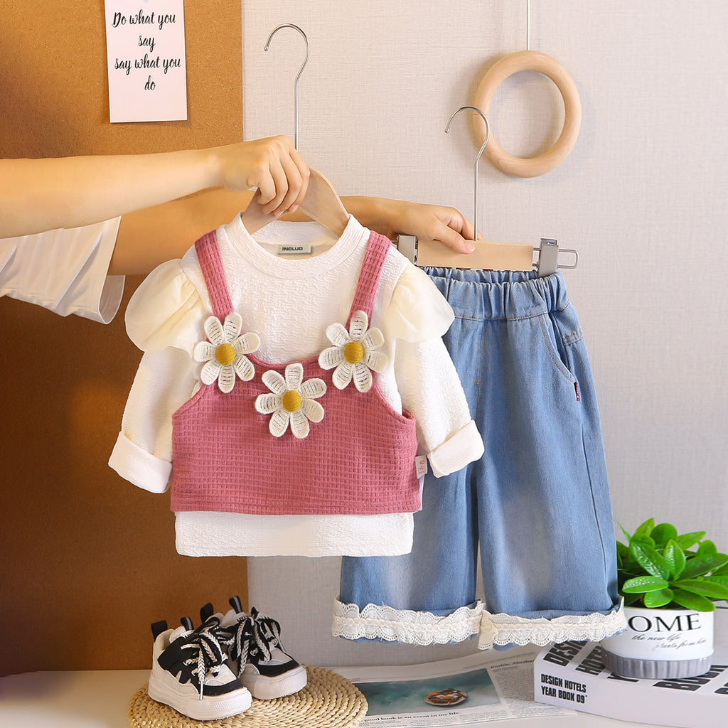 Girls Puffed Sleeves Top with Pink Floral Textured Crop Top & Jeans Set Sets Pink 1-2 Y