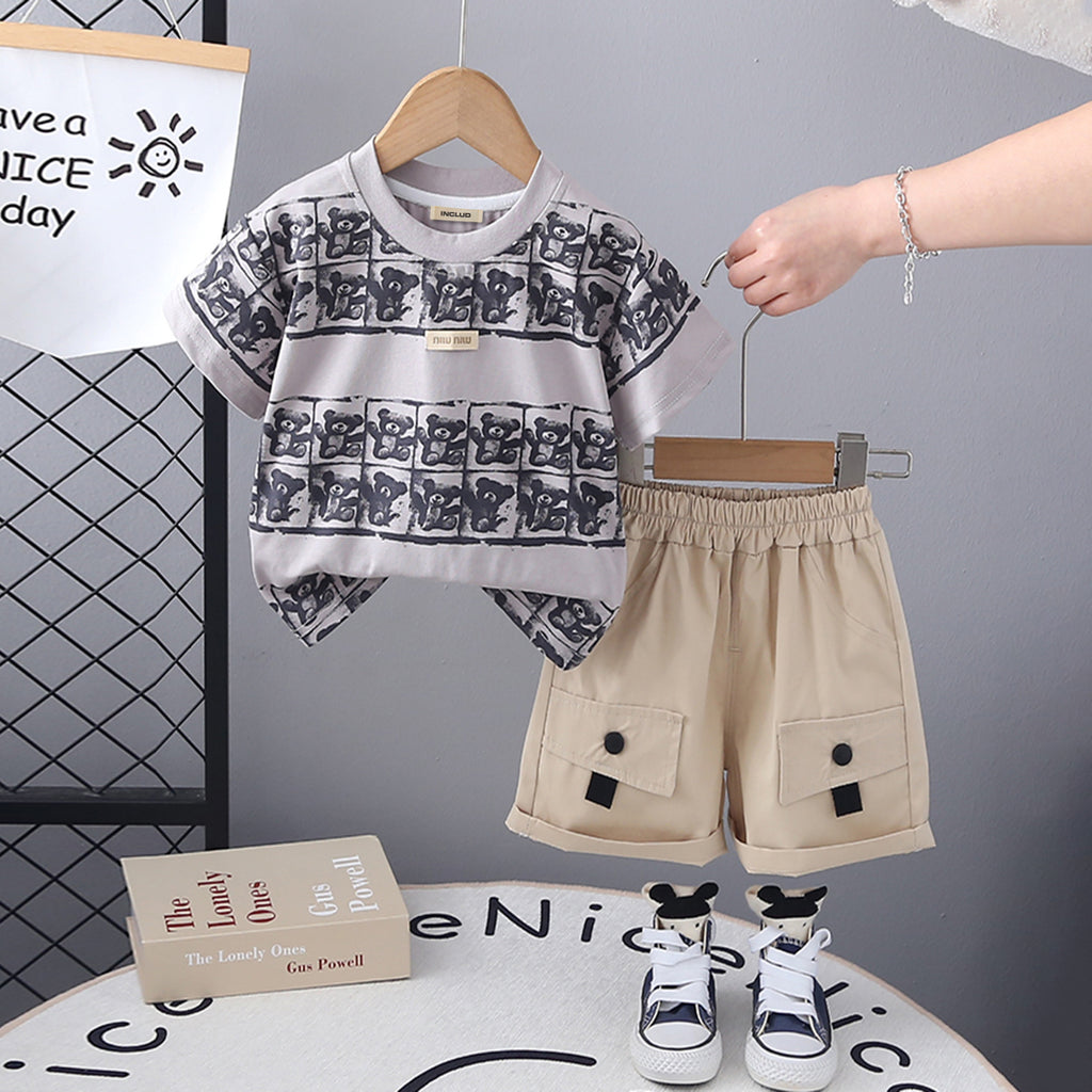 Boys Grey Teddy Printed Short Sleeves T-Shirt With Shorts Set 2 pc. Sets Grey 1-2 Y