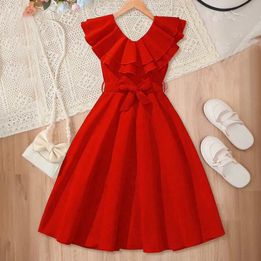 Girls Red Solid Sleeveless Fit And Flared Midi Dress Casual Dresses Red 7-8 Y