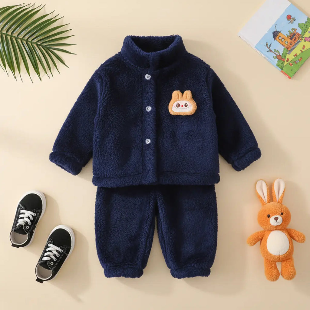 Boys Navy Blue Fleece Button-down Jacket With Jogger Co-ord Sets Sets Navy Blue 1-2 Y