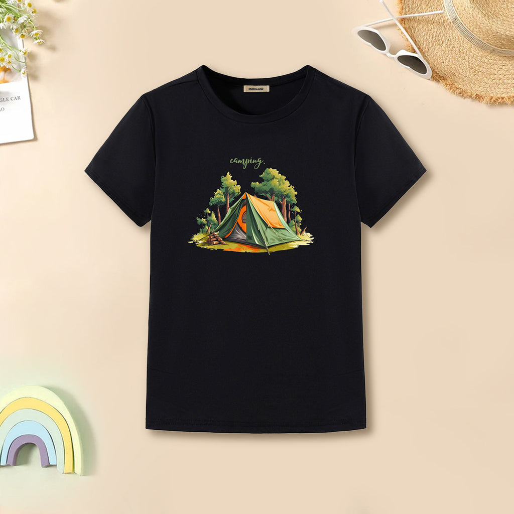 Boys Black Short Sleeves Round Neck Graphic T-Shirt Tshirts Black 7-8 Y