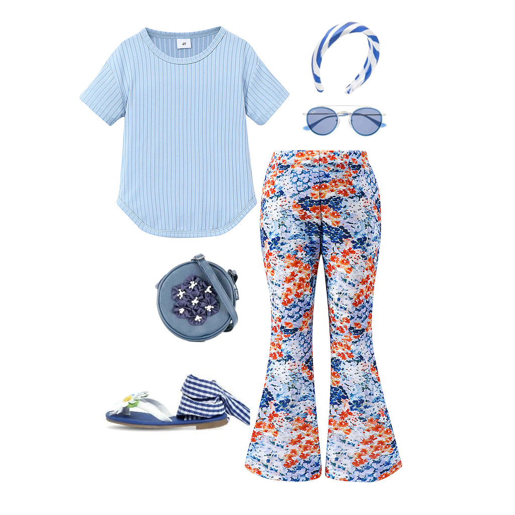 Girls Blue Short Sleeve Round Neck Top With Printed Pants Set 2 pc. Sets Blue 2-3 Y