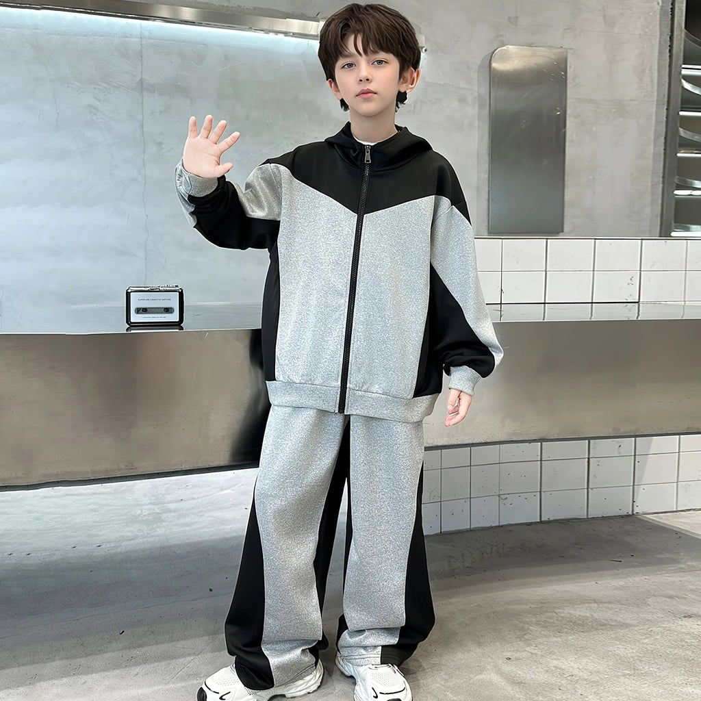 Boys Grey Colorblocked Hooded Zip-up Jacket With Pants Co-ord Sets Sets Grey 5-6 Y