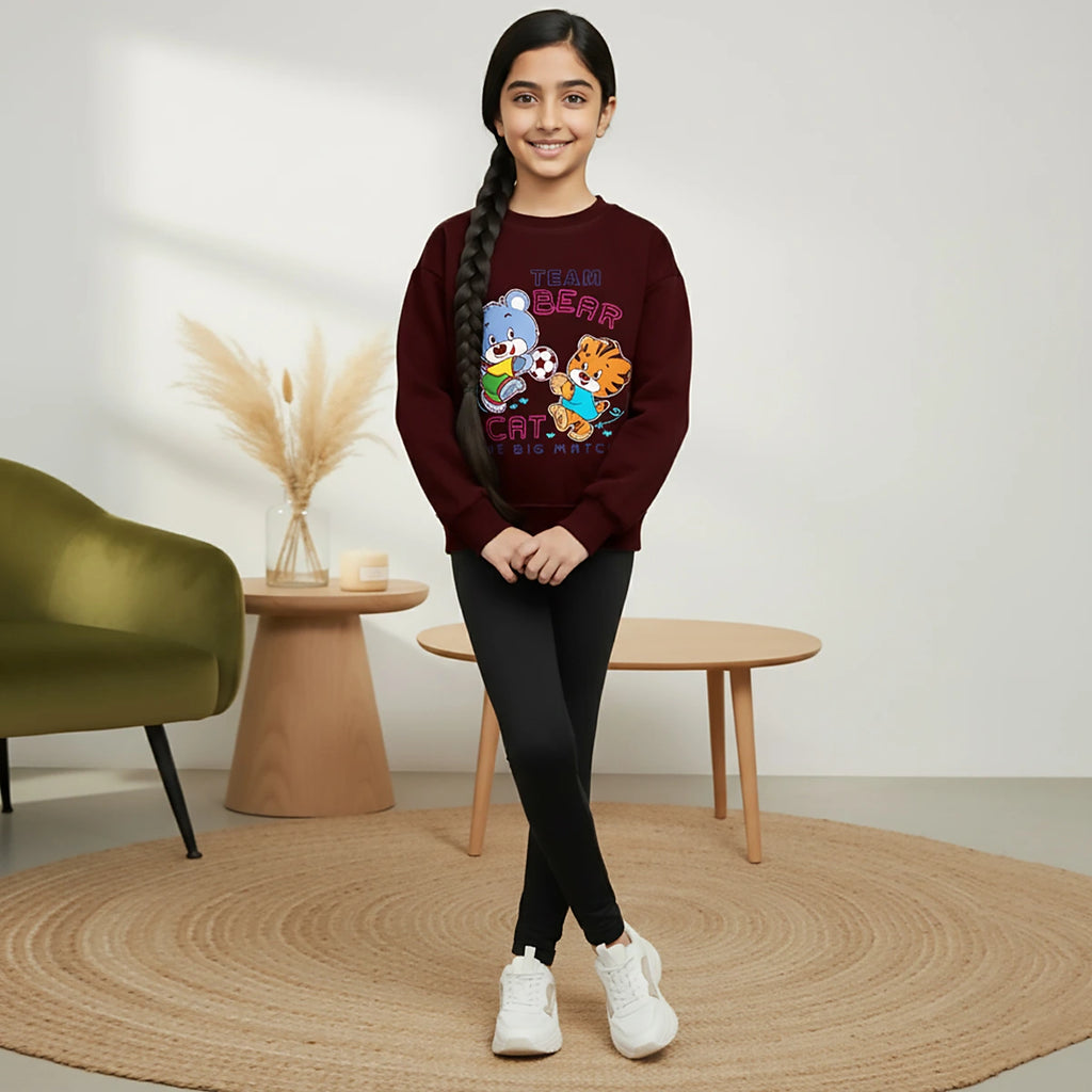 Girls Maroon Bear Graphics Round Neck Sweatshirt Sweatshirts & Hoodies Maroon 1-2 Y