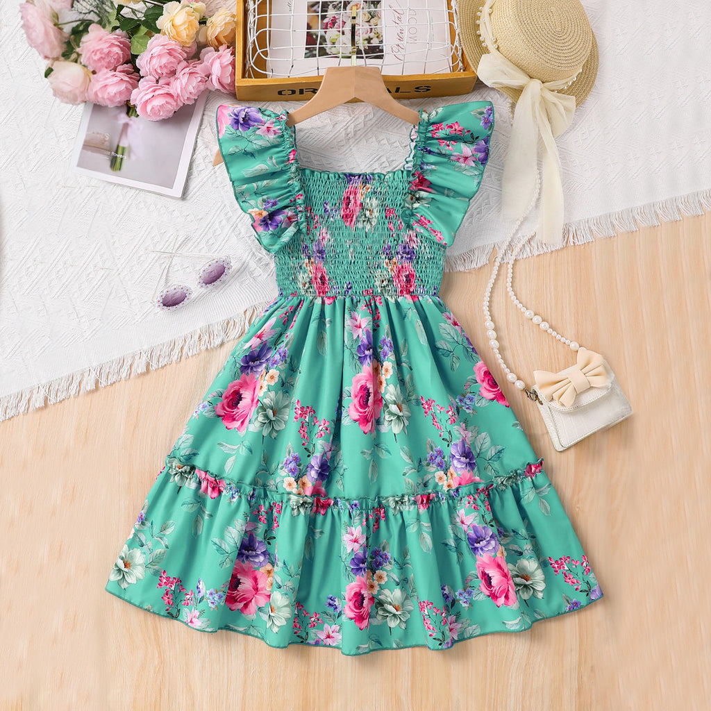 Girls Green Rose Print Square Neck Fit & Flare Smocked Dress Casual Dresses