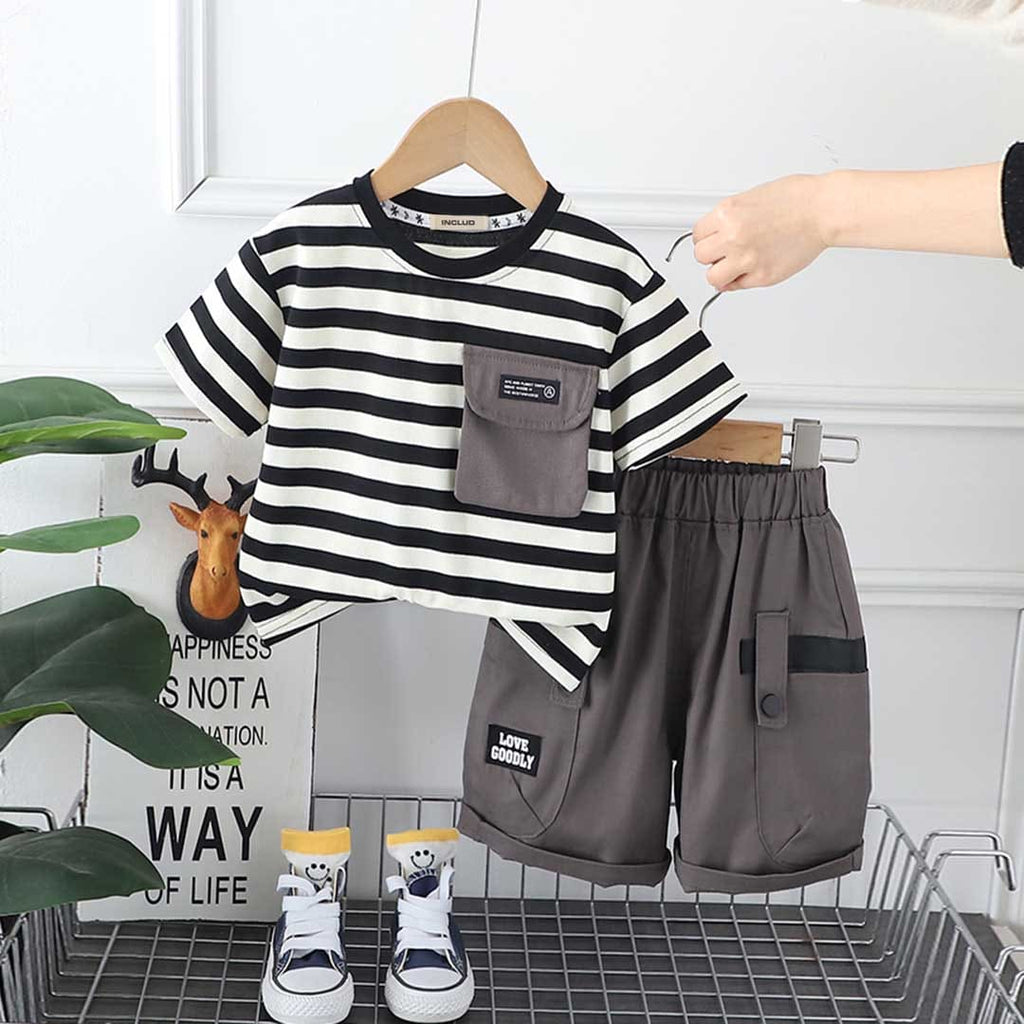 Boys Striped Flap Pocket T-Shirt With Shorts Set 2 pc. Sets Gray 1-2 Y 