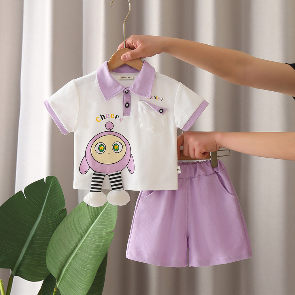 Boys Purple Cartoon Printed Applique Short Sleeves Polo T-Shirt With Shorts Set 2 pc. Sets Purple 1-2 Y