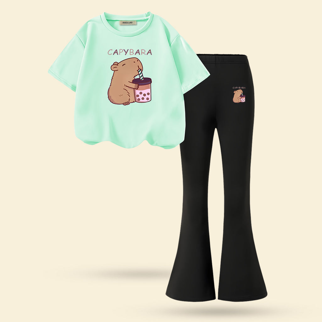 Girls Sea Green Hamster Print T-shirt with Black Flared Pants Set Sets Sea Green 7-8 Y