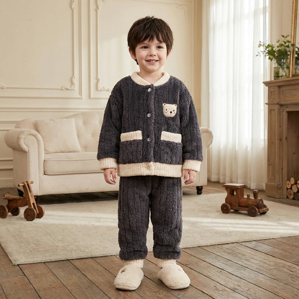 Boys Dark Grey Fleece Bear Applique Button-up Jacket With Jogger Co-ord Sets Sets Dark Grey 1-2 Y