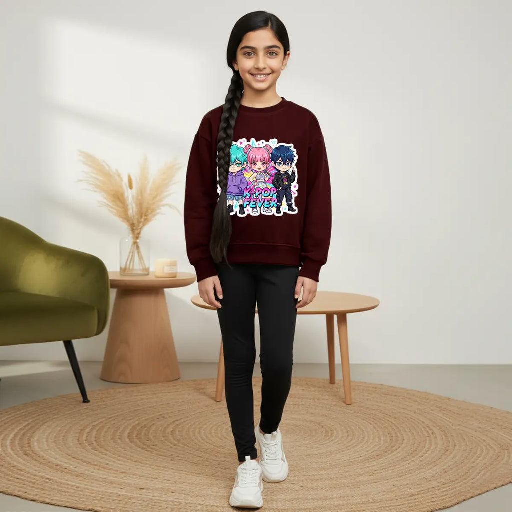Girls Maroon K-Pop Fever Graphics Sweatshirt Sweatshirts & Hoodies Maroon 1-2 Y