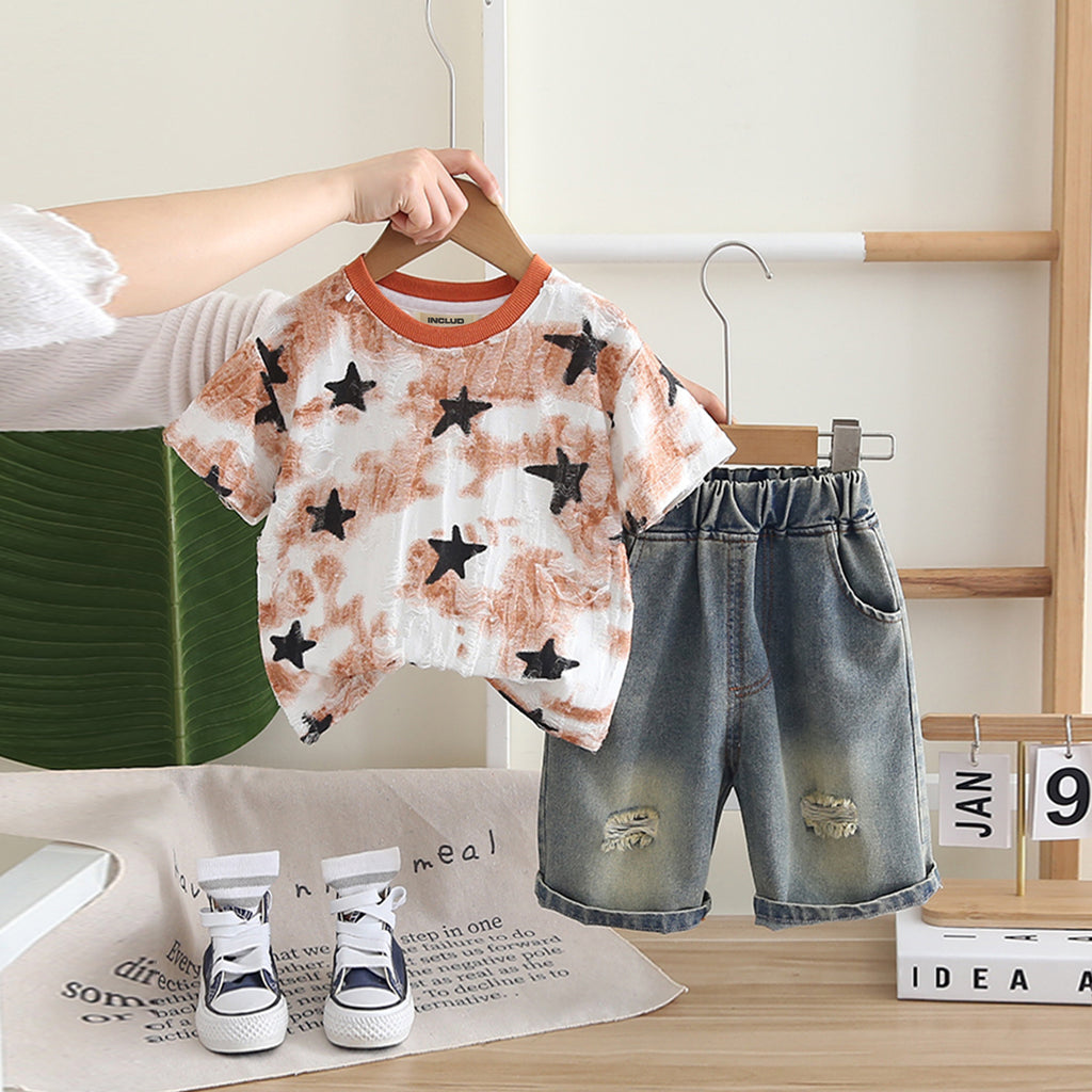 Boys Orange Star Print Shorts Sleeves T-Shirt With Denim Shorts Set 2 pc. Sets Orange 1-2 Y