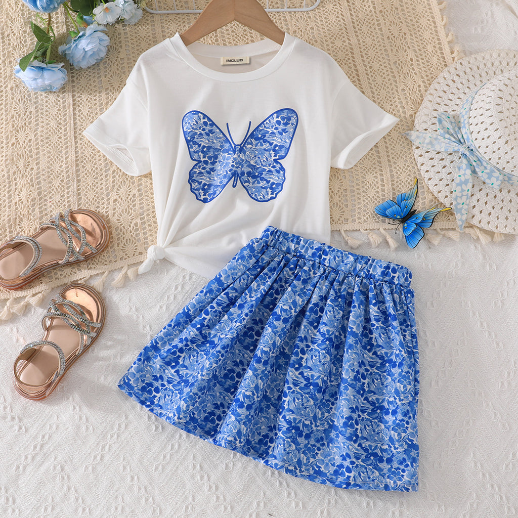 Girls White Graphic Butterfly Printed T-Shirt With Skirt Set 2 pc. Sets White 3-4 Y