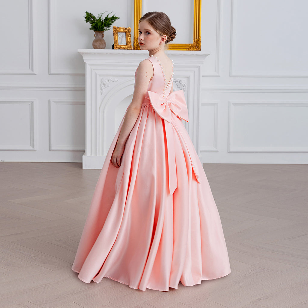 Girls Peach Beaded Neck Waist Duchess Satin Party Gown – INCLUD