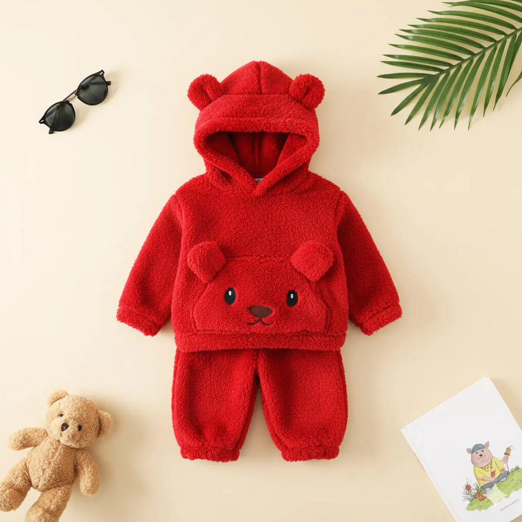 Boys Red Fleece Bear Themed Hoodie With Jogger Sets Sets Red 1-2 Y