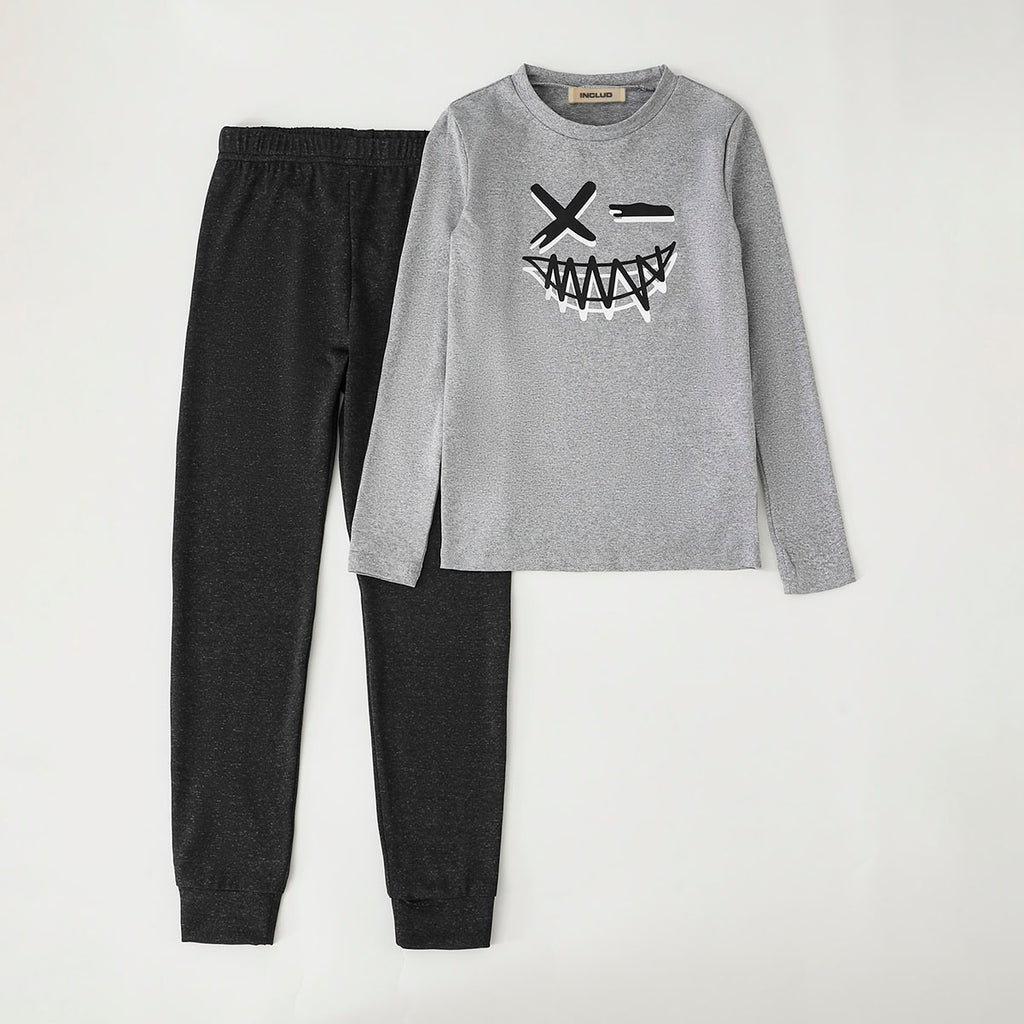 Boys Grey Melange Spooky Face Printed T-shirt with Heather Grey Joggers Set Sets Grey 7-8 Y