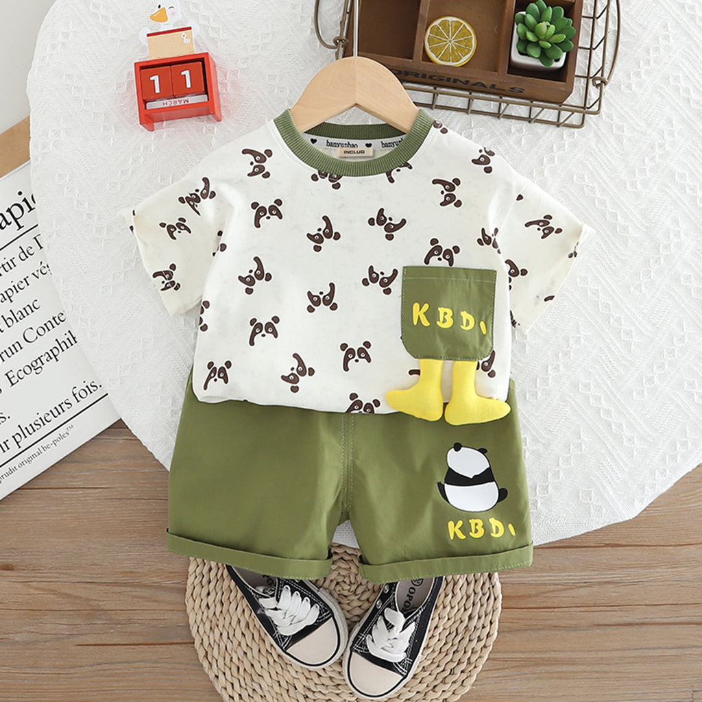 Boys Green Short Sleeve Round Neck Printed T-Shirt With Shorts Set 2 pc. Sets Green 1-2 Y