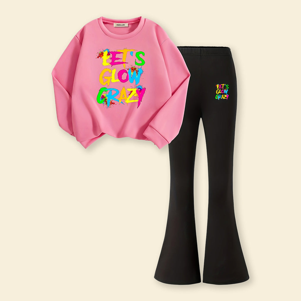 Girls Pink Printed Sweatshirt With Flared Pants Sets 2 pc. Sets Pink 7-8 Y