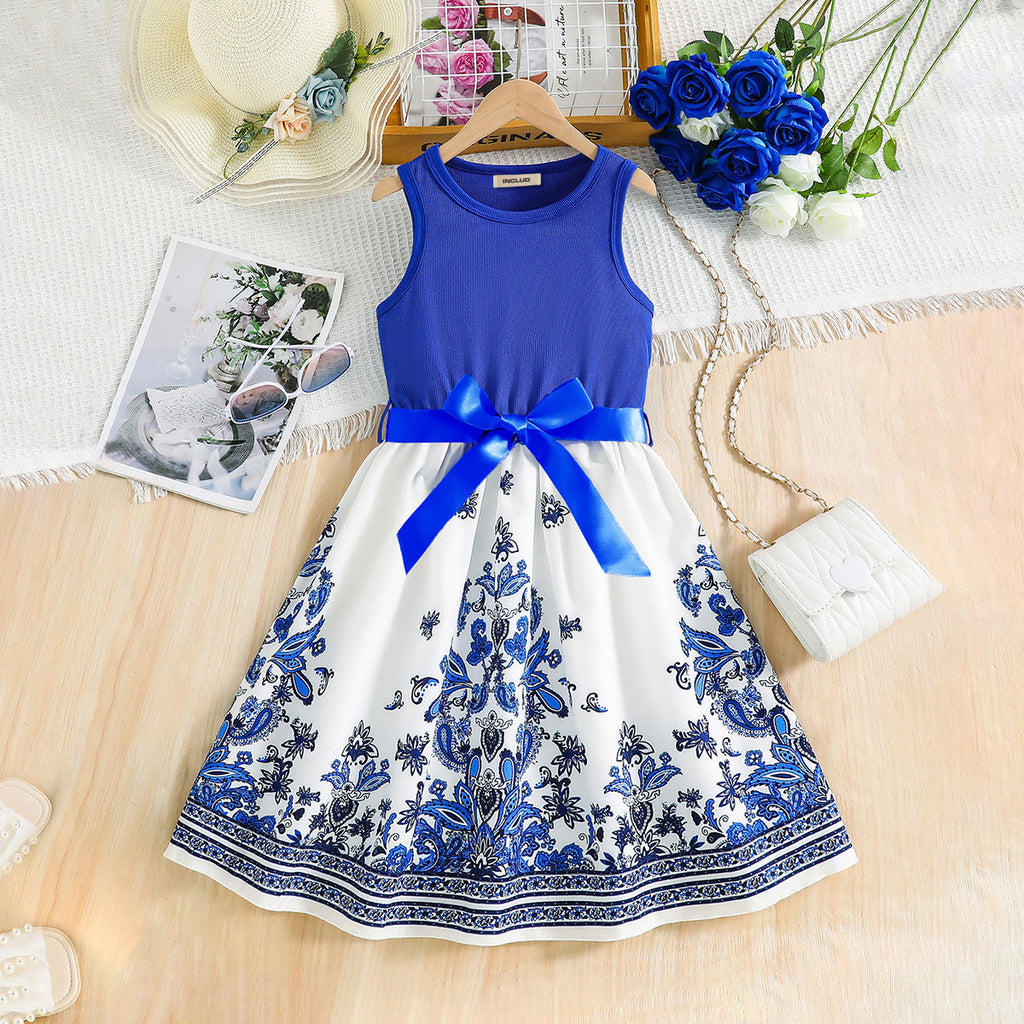 Girls Indigo Blue Floral Printed Fit And Flared Midi Casual Dress Casual Dresses Blue 3-4 Y