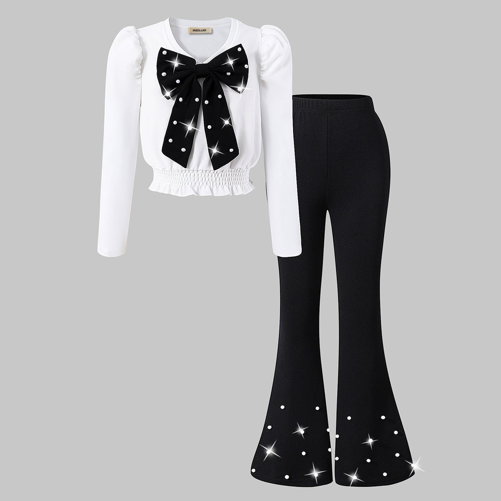Girls White Bow Applique V-Neck Top With Flared Pants Set 2 pc. Sets White 7-8 Y