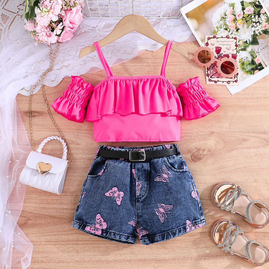 Girls Dark Pink Off Shoulder Top With Butterfly Printed Denim
