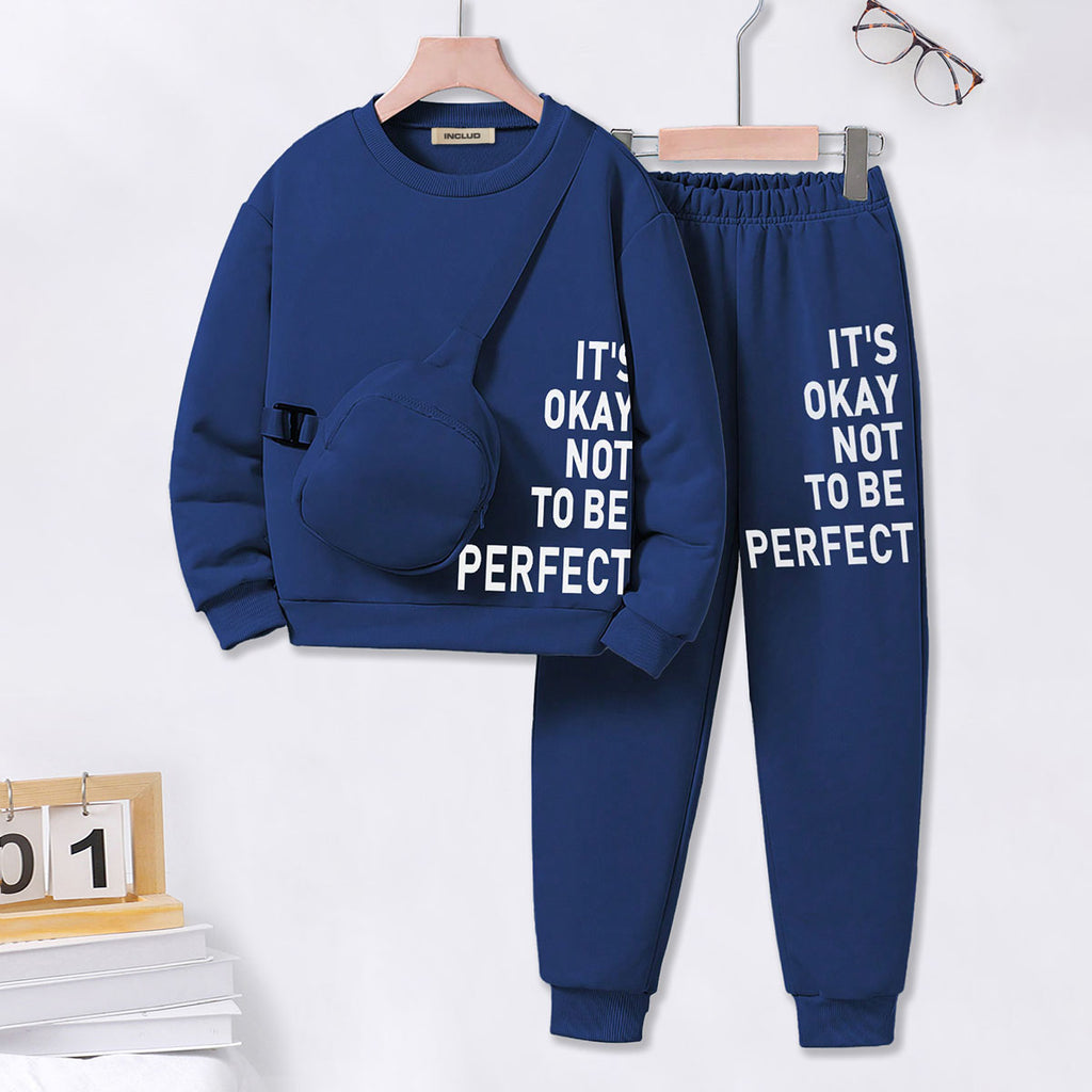 Boys Blue Typographic Printed Sweatshirt With Sling Bag & Jogger Sets Sets Blue 7-8 Y