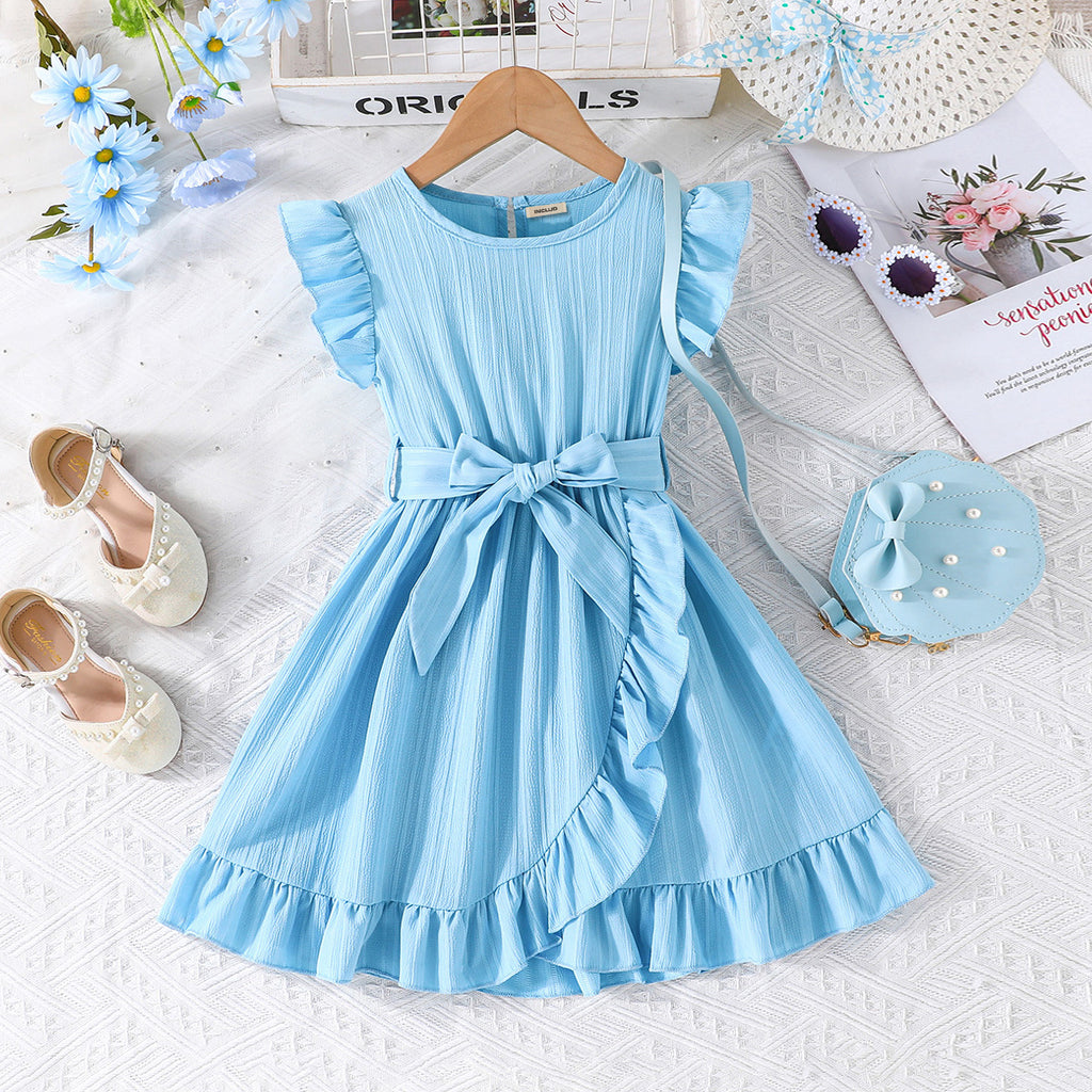 Girls Sky Blue Flutter Sleeves Round Neck Dress Casual Dresses Sky Blue 3-4 Y