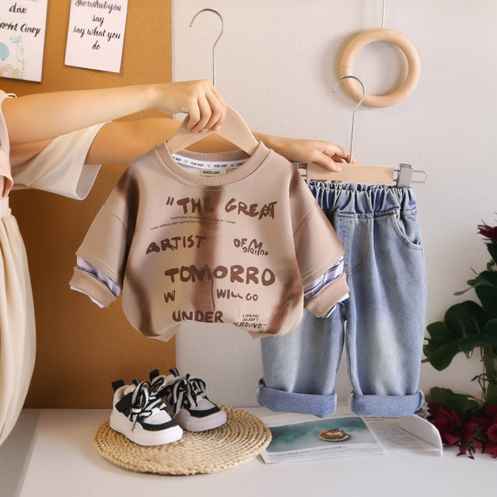 Boys Brown Typographic Sweatshirt With Denim Trousers Sets 2 pc. Sets Brown 1-2 Y