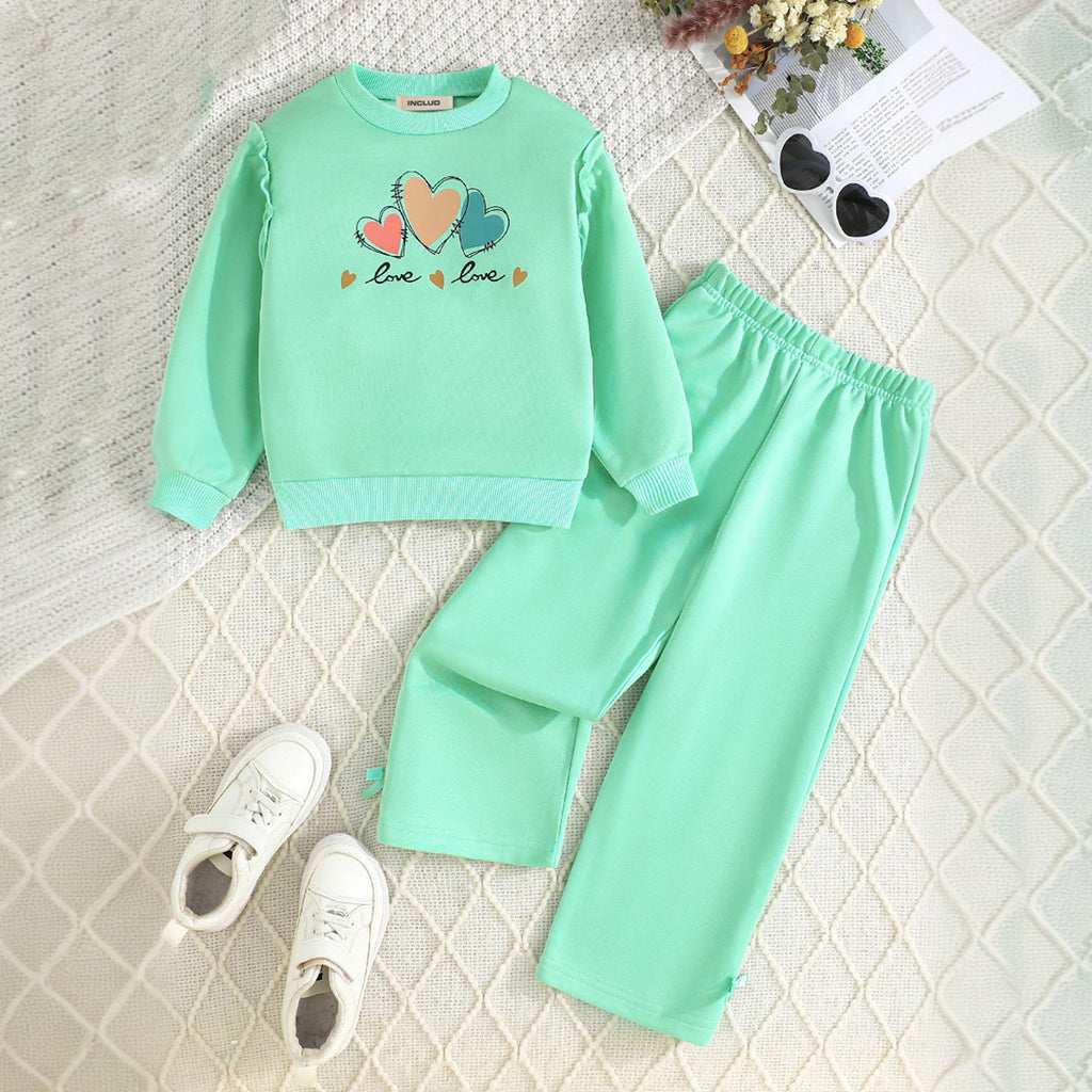 Girls Sea Green Heart Print Sweatshirt with Flared Pants Set Sets Sea Green 3-4 Y