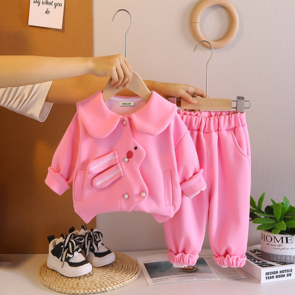Girls Pink Solid Jacket With Joggers Co-ord Set 2 pc. Sets Pink 1-2 Y