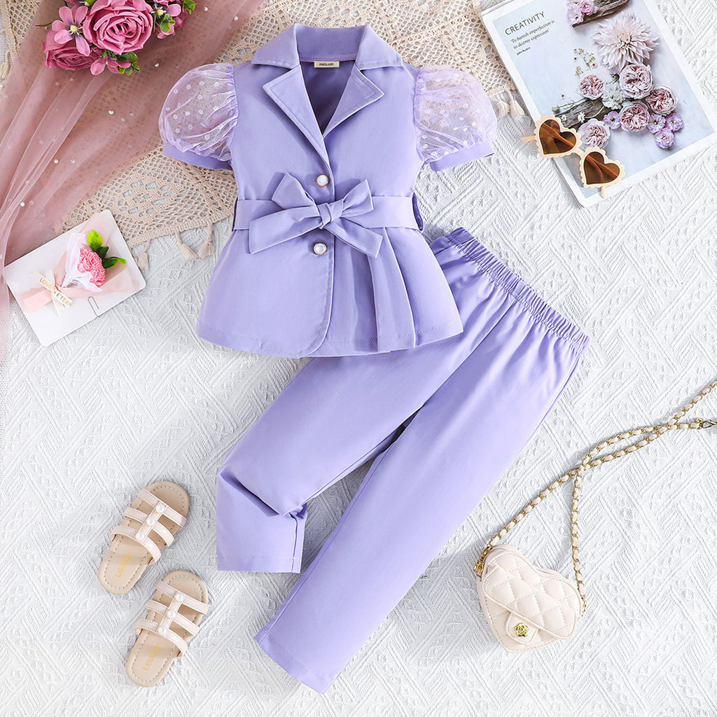 Girls Purple Puff Sleeves Summer Blazer With Trouser Set 2 pc. Sets Purple 2-3 Y