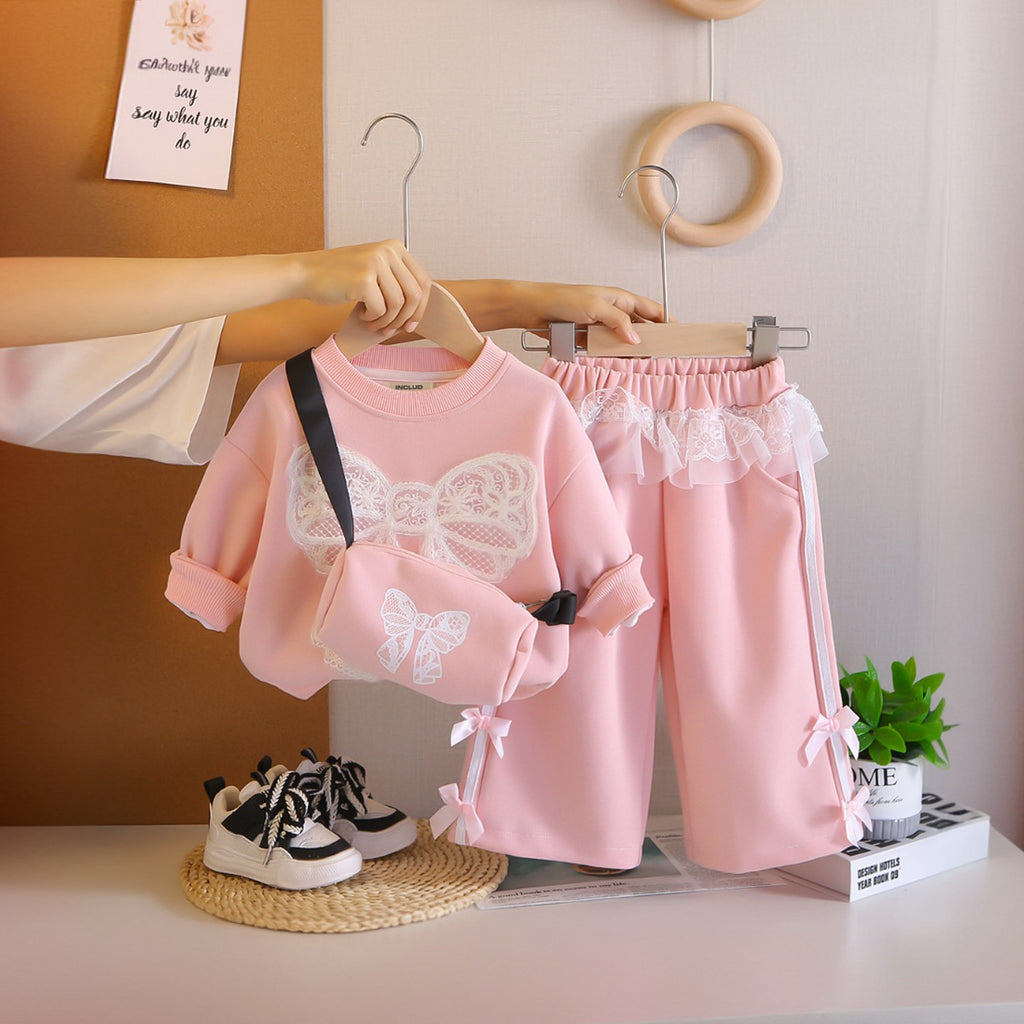 Girls Pink Bow Applique Sweatshirt With Sling Bag and Pants Set Sets Pink 1-2 Y