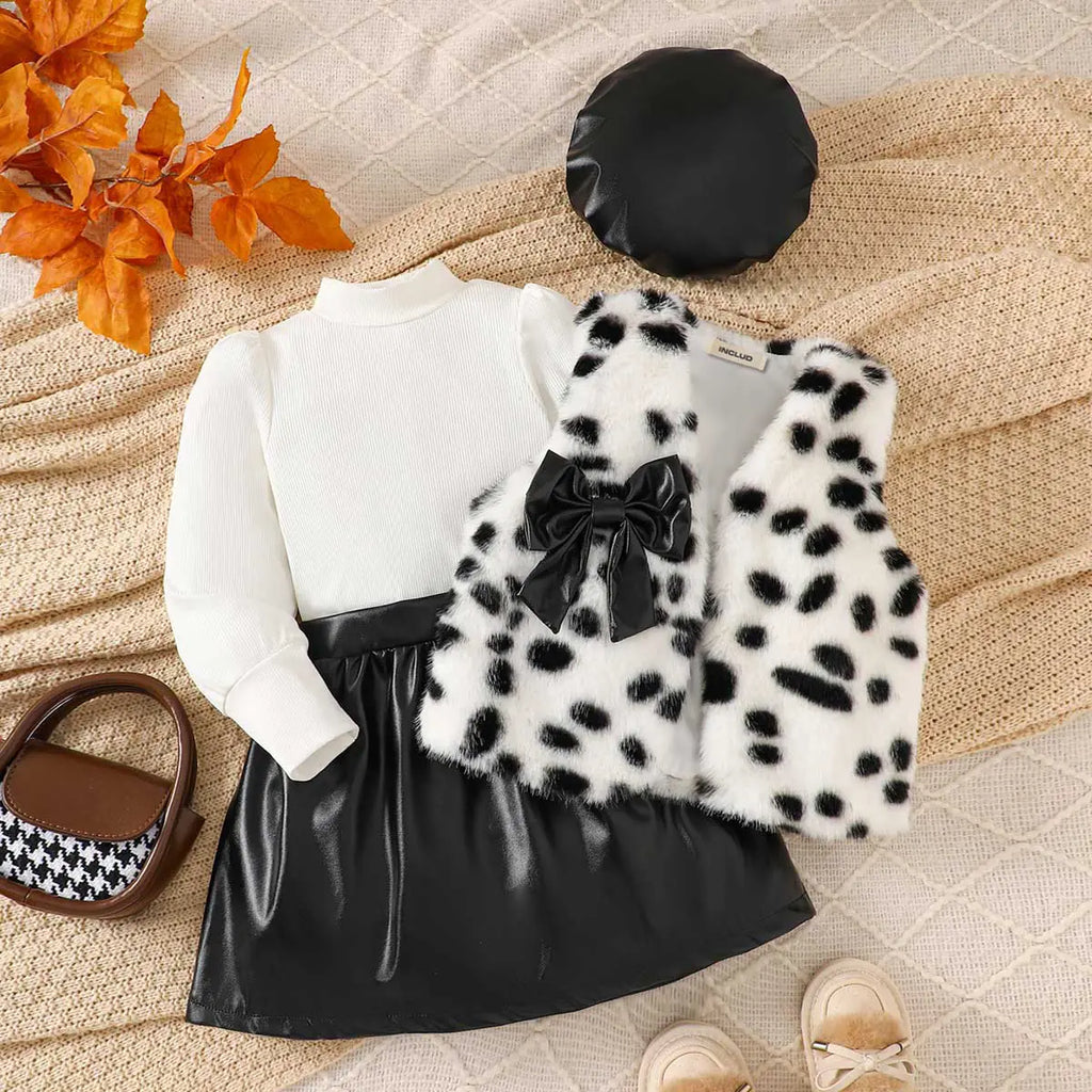 Girls Long Sleeve T-Shirt With Faux Fur Vest & Black Faux Leather Skirt & Hat Sets Sets Black 2-3 Y