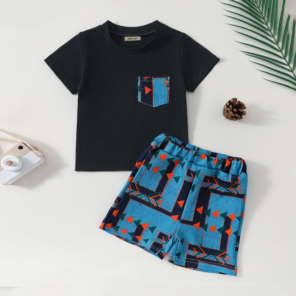 Boys Short Sleeve T-Shirt With Printed Shorts Set Sets Black 1-2 Y 