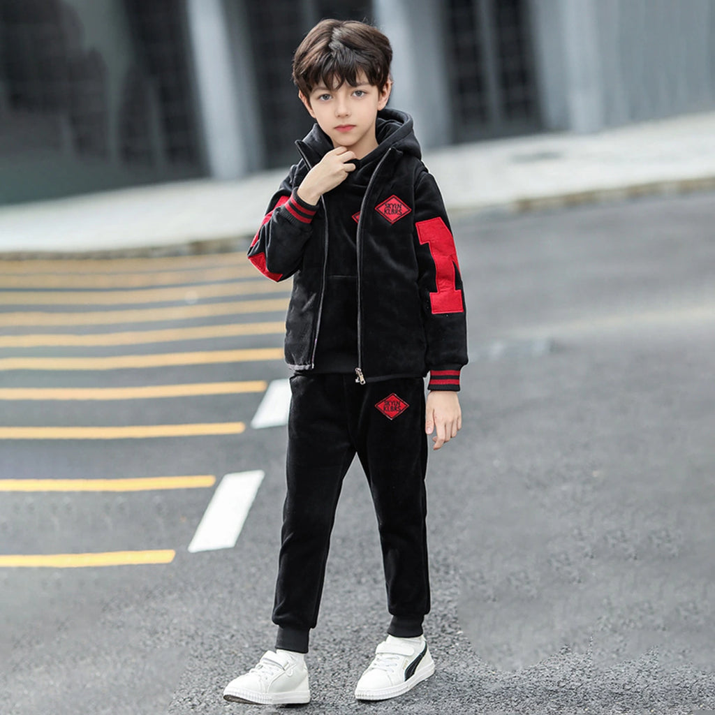 Boys Black Patch Embroidered Hoodie With Sleeveless Jacket & Jogger Sets Sets Black 5-6 Y