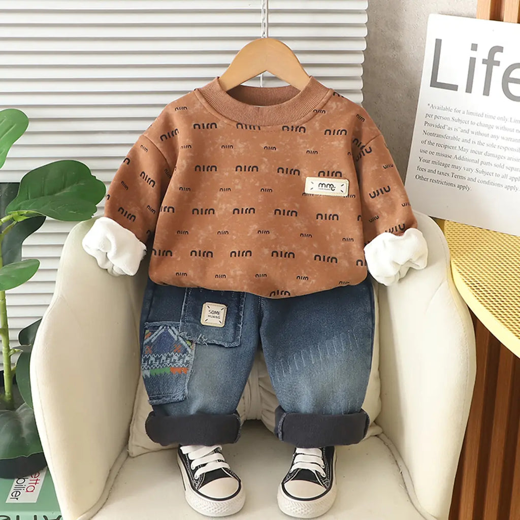Boys Brown Printed Regular Sweatshirt With Denim Trousers Sets 2 pc. Sets Brown 1-2 Y