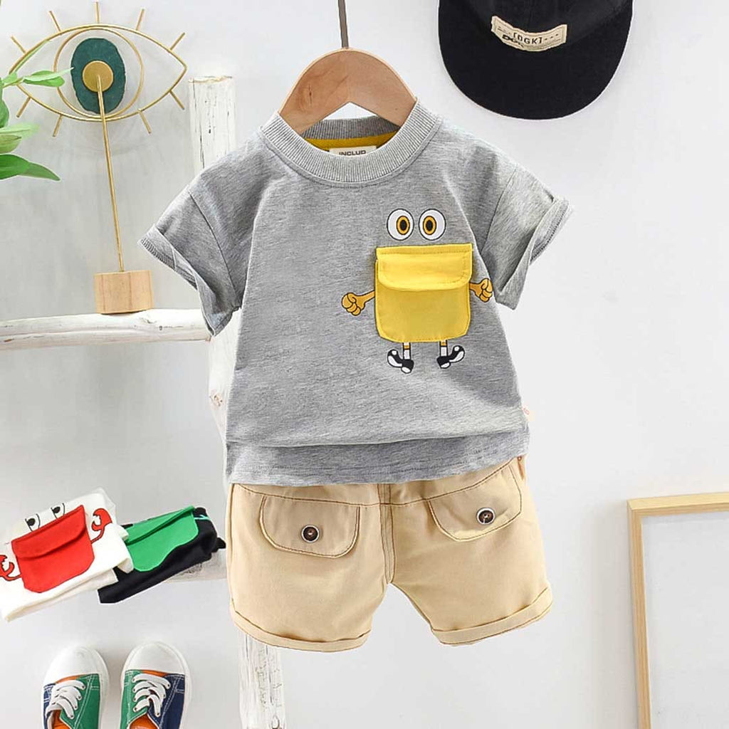 Boys Cartoon Patch Pocket T-shirt with Shorts Set Sets Grey 1-2 Y 