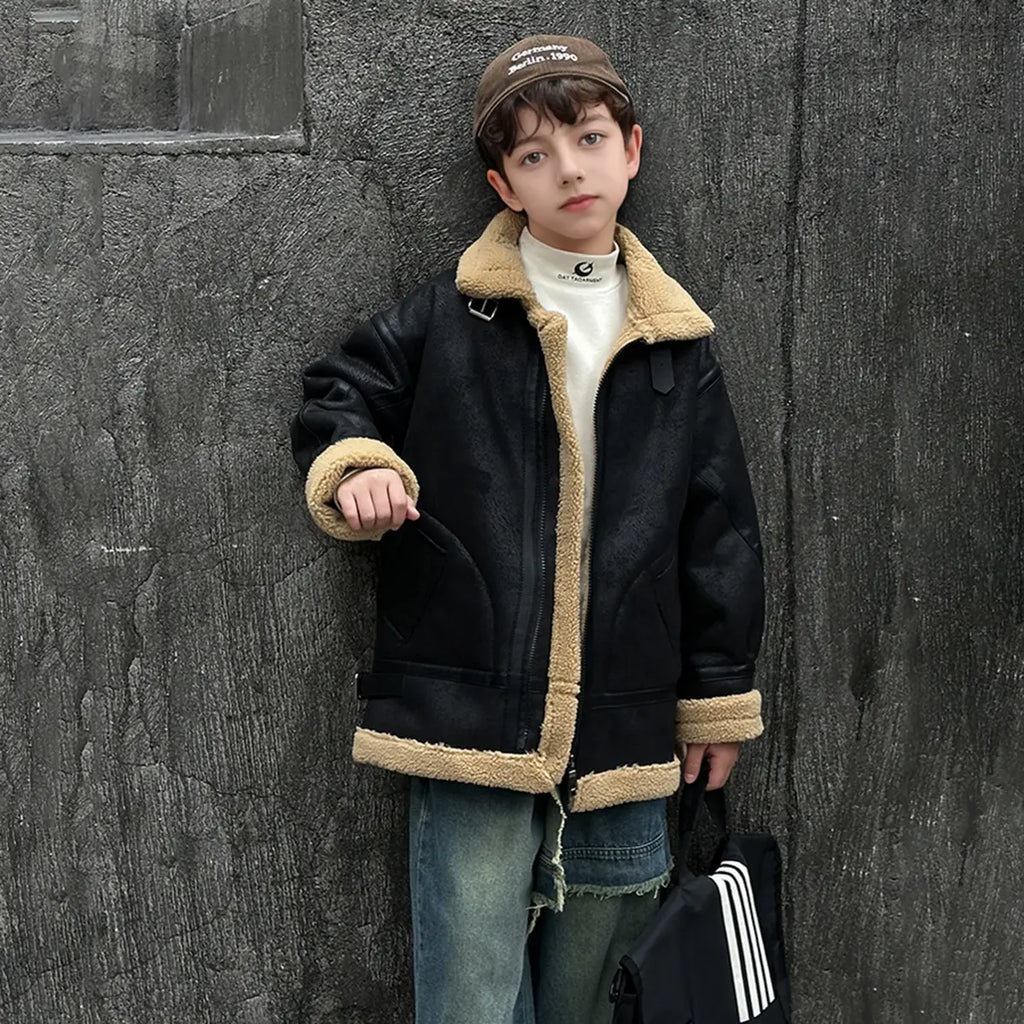 Boys Black Faux Leather Heavy Jacket With Fleece Lining Coats & Jackets Black 5-6 Y